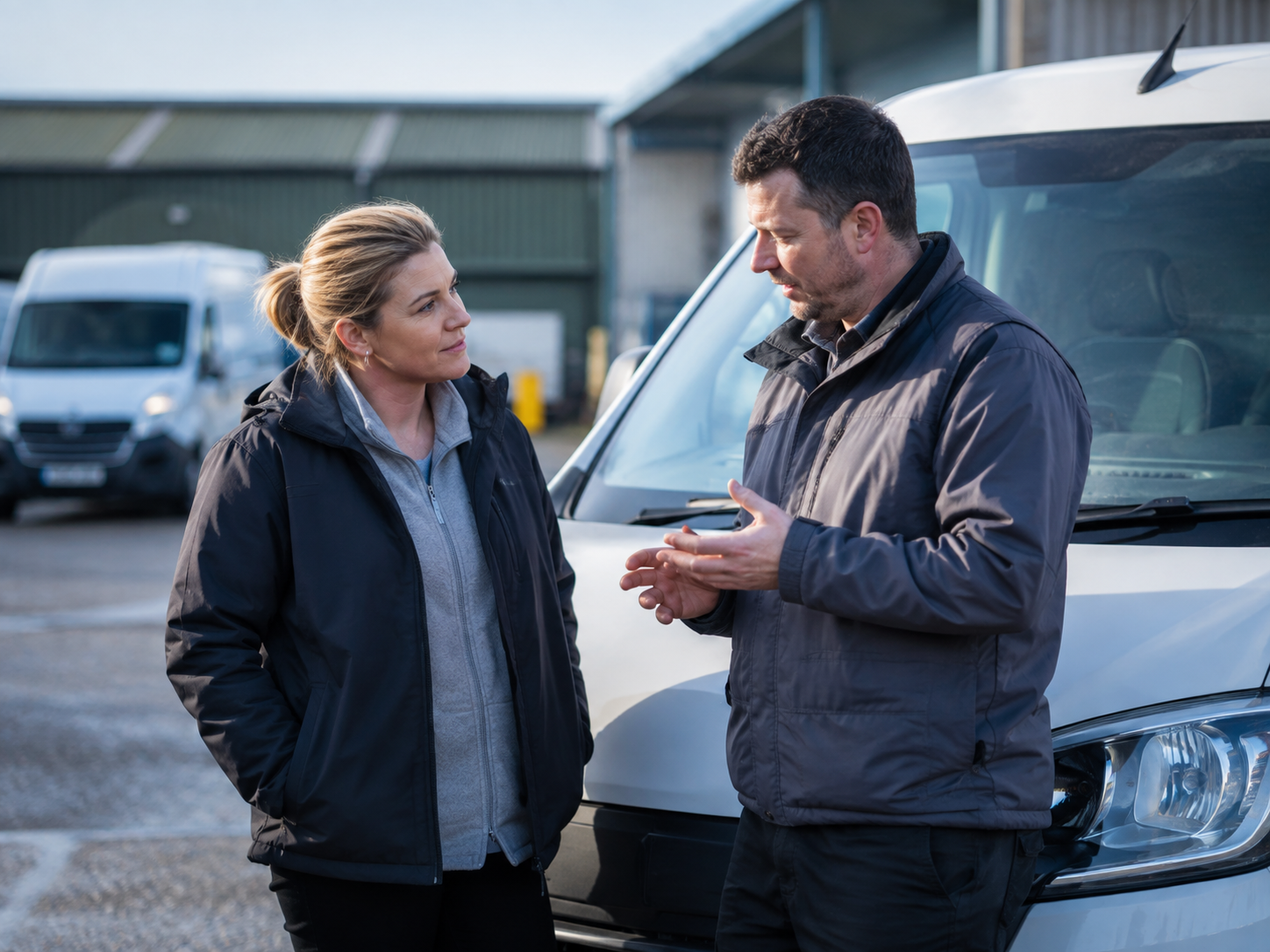 Fleetline driver development discussion beside a workplace van
