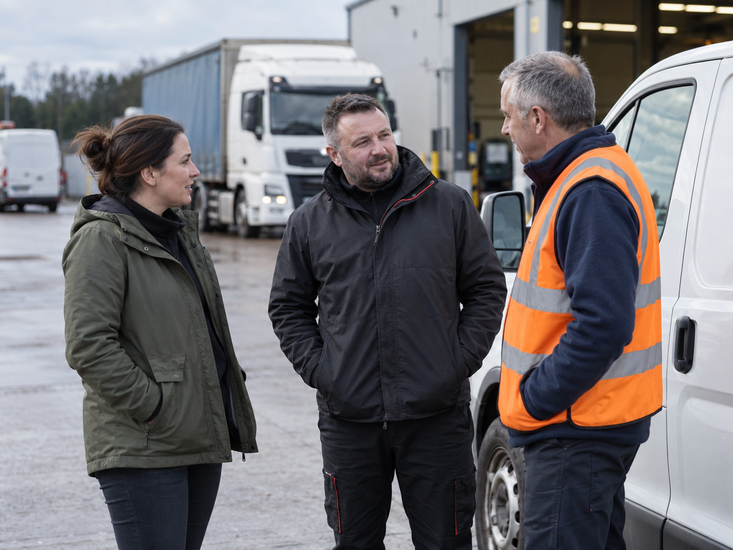 Workplace driver and fleet discussion beside commercial vehicles